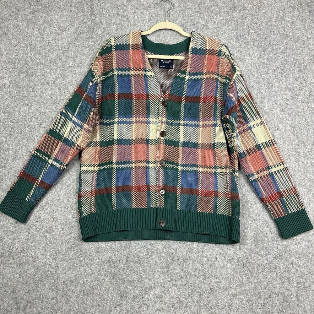 Abercrombie & Fitch Knit Cardigan Sweater Mens S Oversized Plaid Preppy Academia